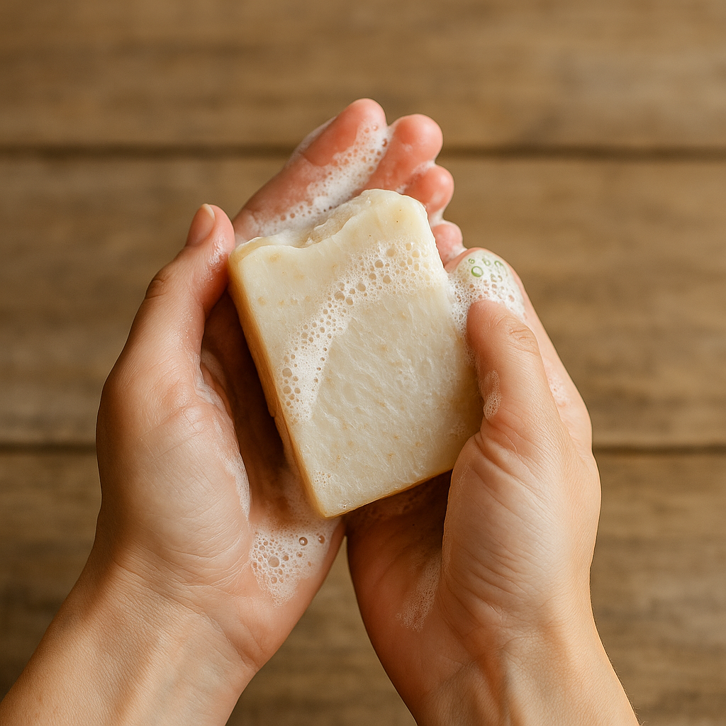 Notre savon artisanal au beurre de karité, lait d’alpaga et avoine, romarin et lavande- moussant et apaisant