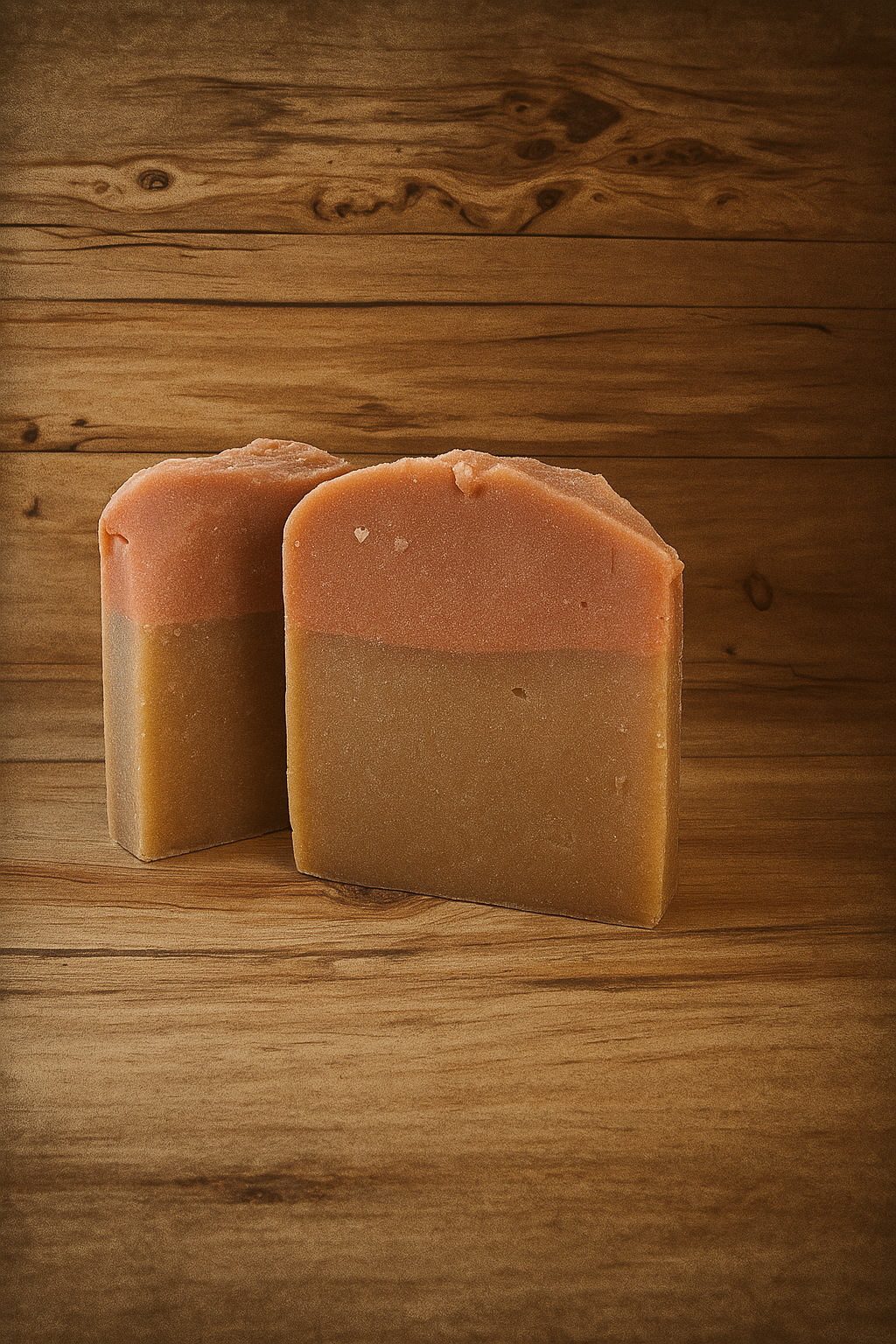 Deux savons artisanaux bicolores, tons brun et rose terre cuite, posés sur un fond en bois rustique, éclairage chaud mettant en valeur la texture naturelle. 