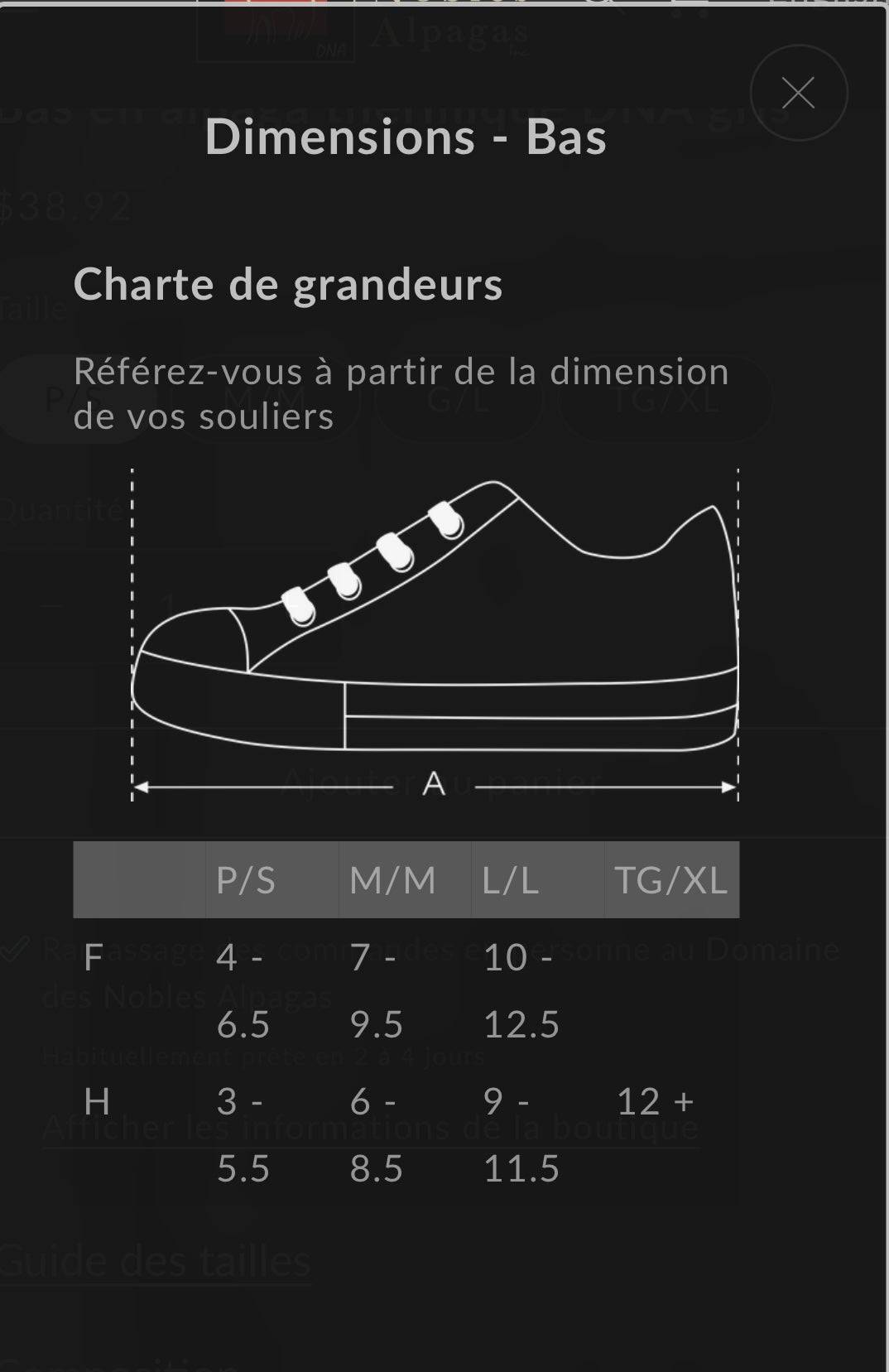 Guide des tailles pour bas en alpaga de ville lagon Ferme MarieBob, basé sur la pointure de chaussures, du P/S au TG/XL.