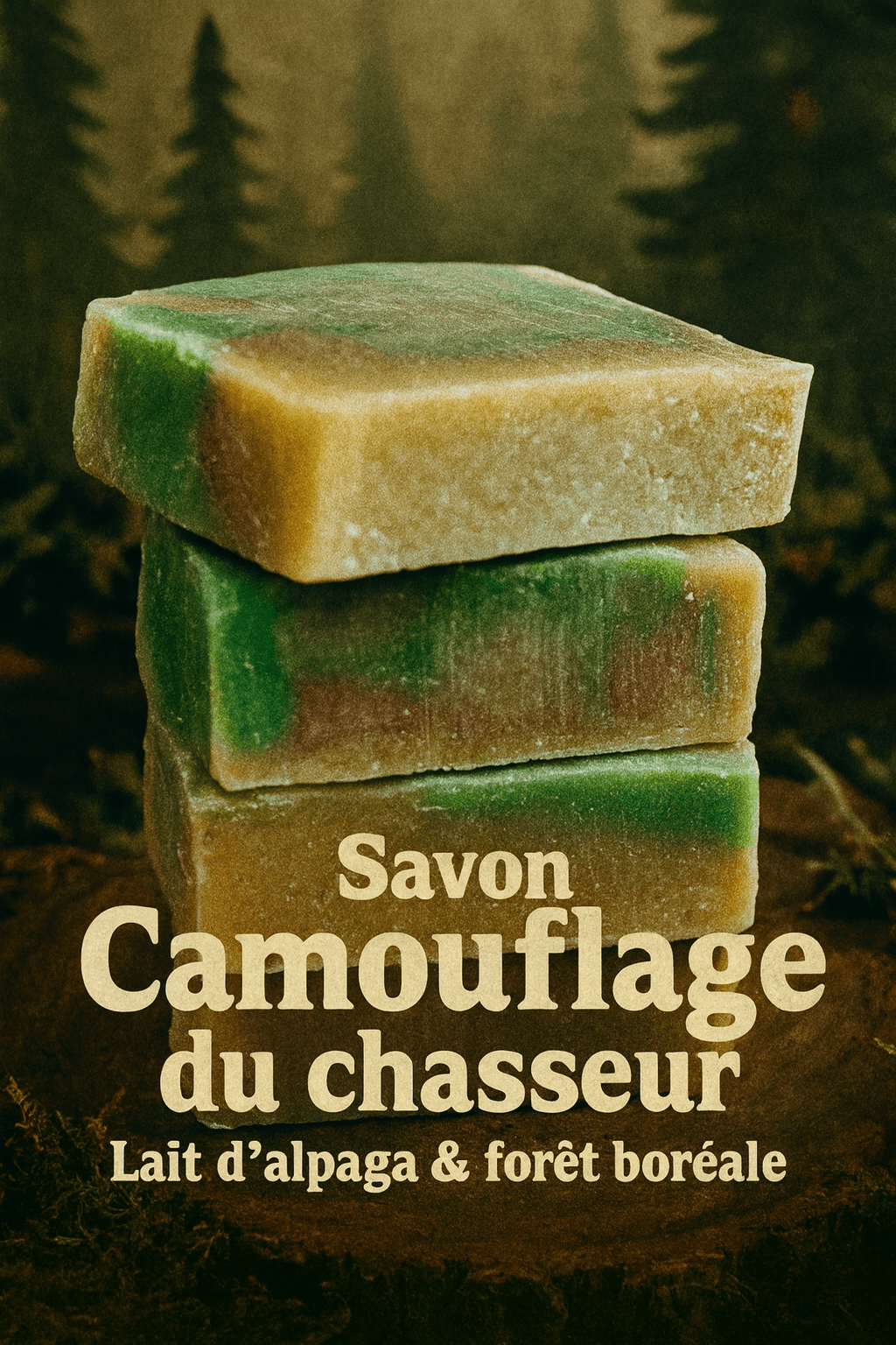 Savon artisanal Camouflage du Chasseur – Lait d’alpaga & forêt boréale - Ferme MarieBob